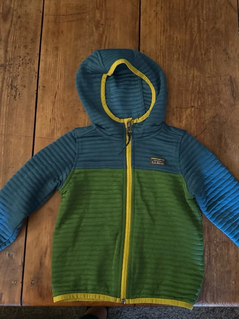 L.L. Bean Kids Teal and Green Hooded Quilted Jacket with Yellow Trim